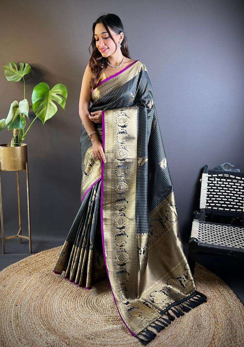 Black Motif Silk Blend Saree Set for Diwali and Festive Wear - Indya