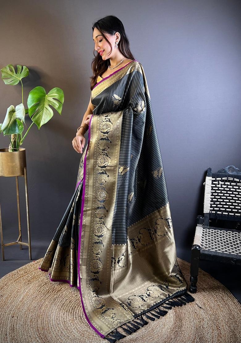 Black Motif Silk Saree Set - Indya