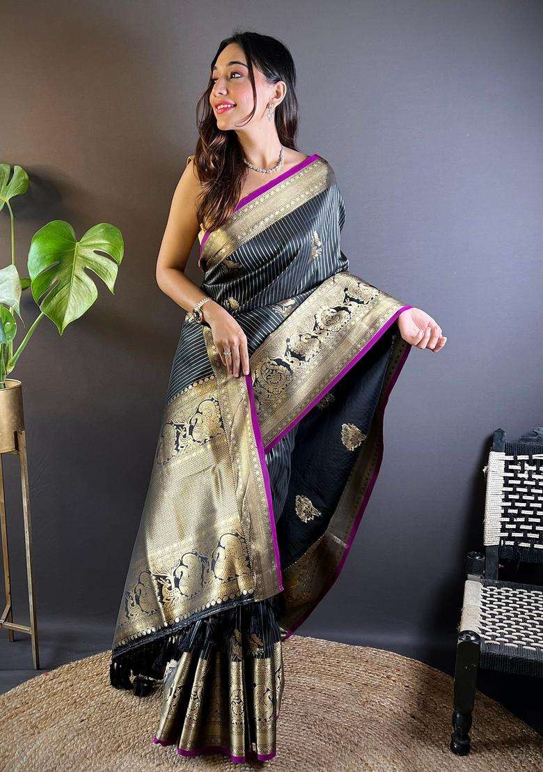 Black Motif Silk Blend Saree Set for Diwali and Festive Wear - Indya