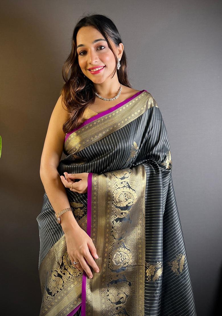 Black Motif Silk Saree Set - Indya