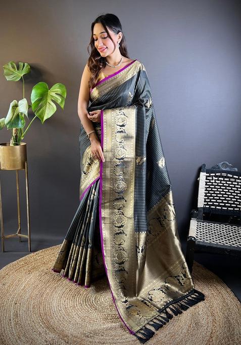 Black Motif Silk Saree Set