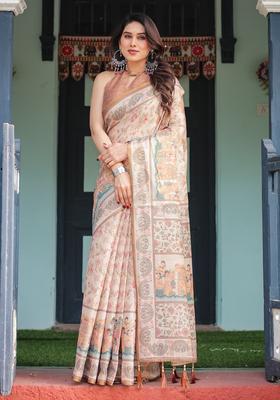 Ivory Cream Printed Handloom Saree Set