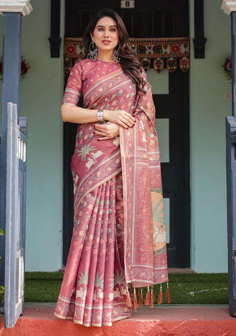 Rose Pink Printed Handloom Saree Set for Diwali and Festive Wear - Indya