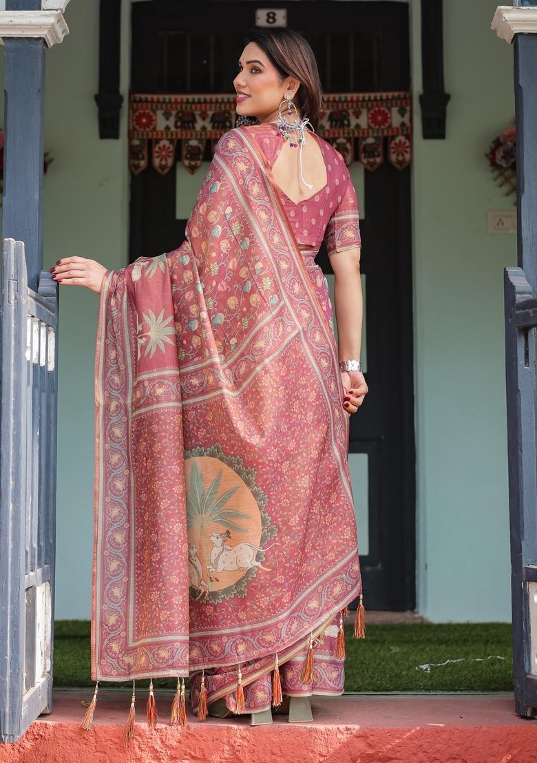 Rose Pink Printed Handloom Saree Set - Indya