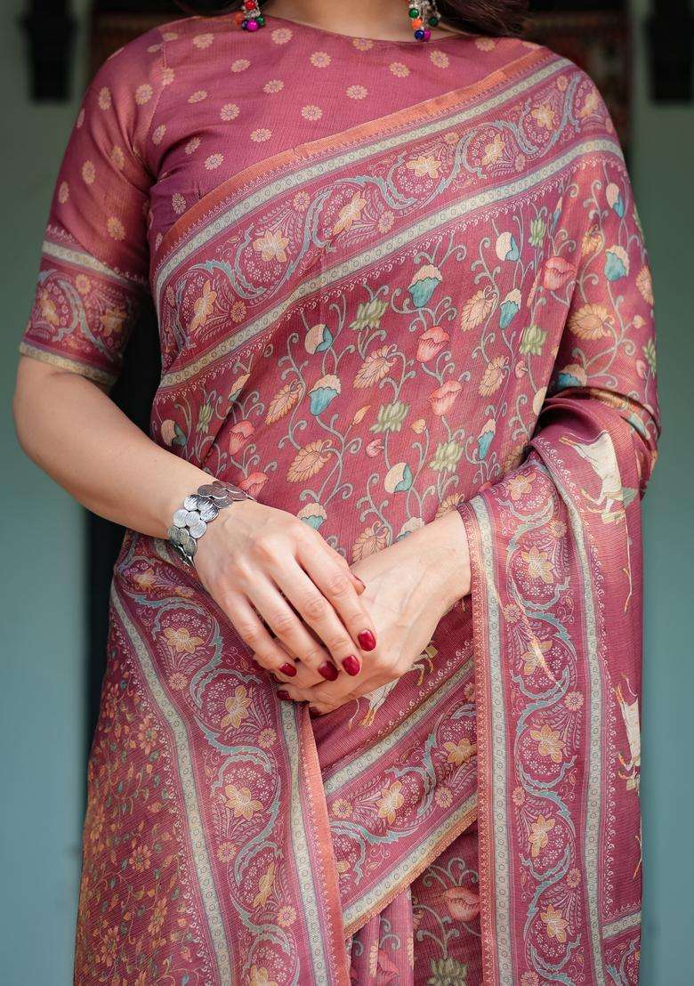 Rose Pink Printed Handloom Saree Set for Diwali and Festive Wear - Indya