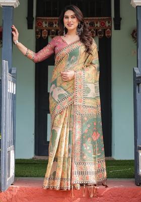 Mustard Printed Handloom Saree Set
