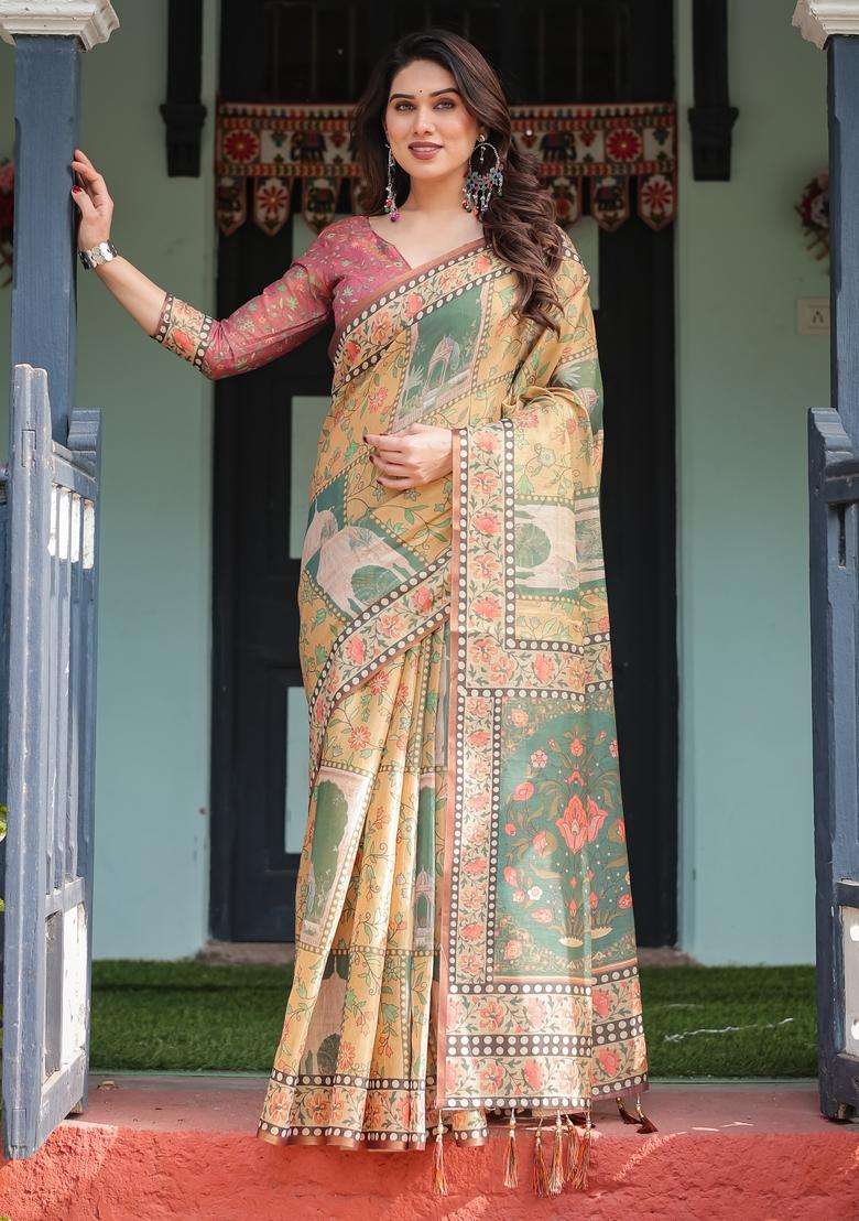 Mustard Handloom Saree Set with Printed for Diwali | Wedding & Festive Wear - Indya