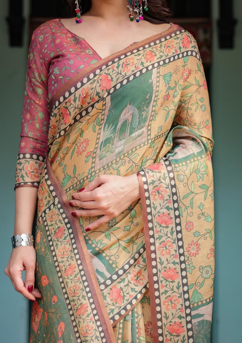 Mustard Printed Handloom Saree Set - Indya