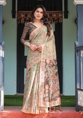 Olive Green Printed Handloom Saree Set