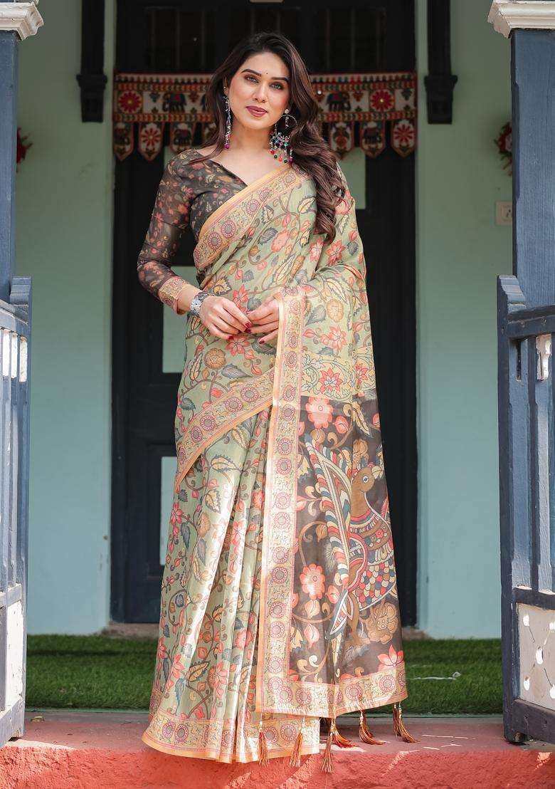 Olive Green Printed Handloom Saree Set for Diwali and Festive Wear - Indya