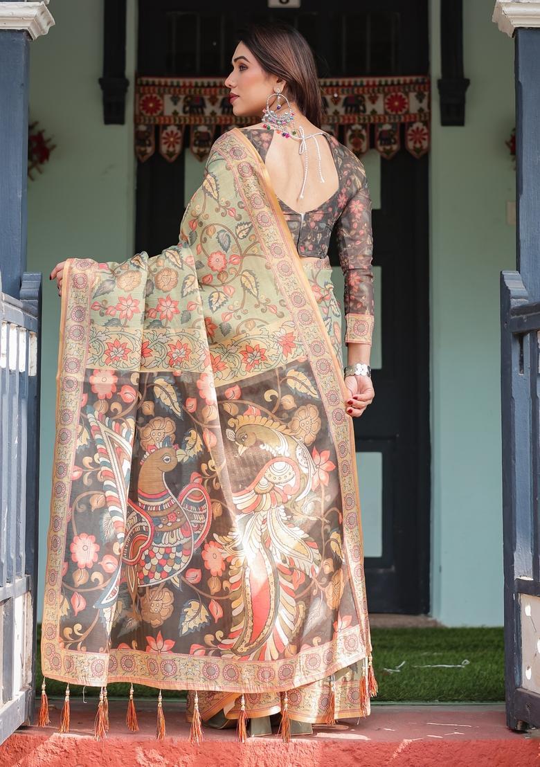 Olive Green Printed Handloom Saree Set - Indya