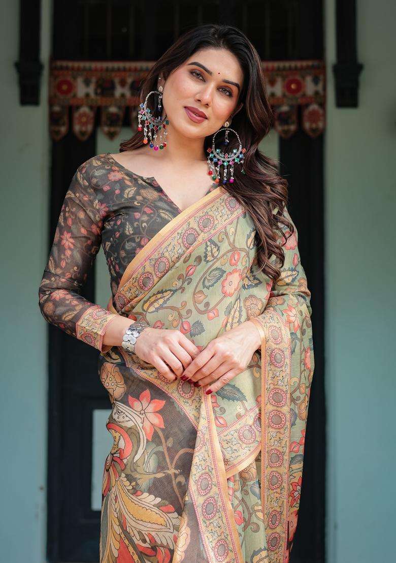 Olive Green Printed Handloom Saree Set for Diwali and Festive Wear - Indya