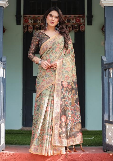 Olive Green Printed Handloom Saree Set