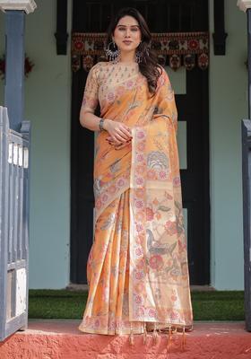 Musterd And Orange Printed Handloom Saree Set