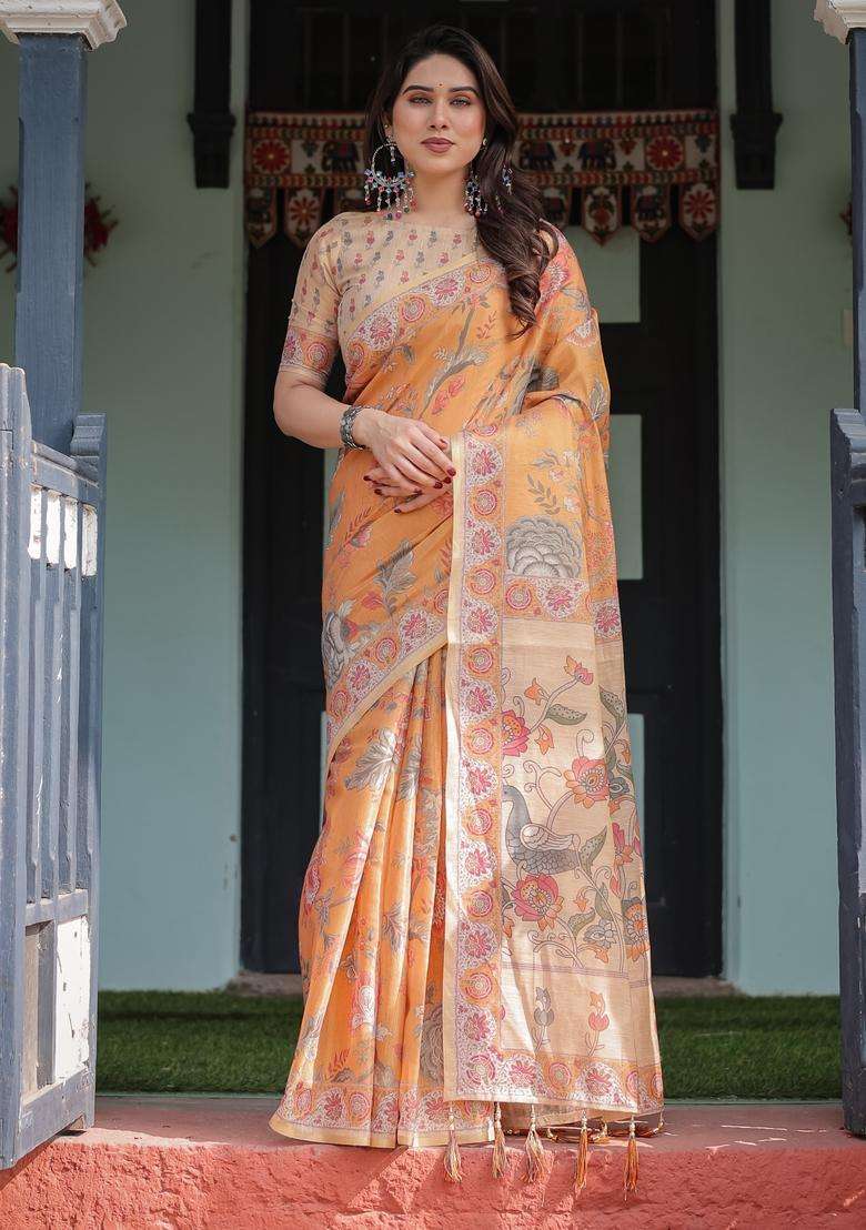 Musterd And Orange Handloom Saree Set with Printed for Diwali | Wedding & Festive Wear - Indya
