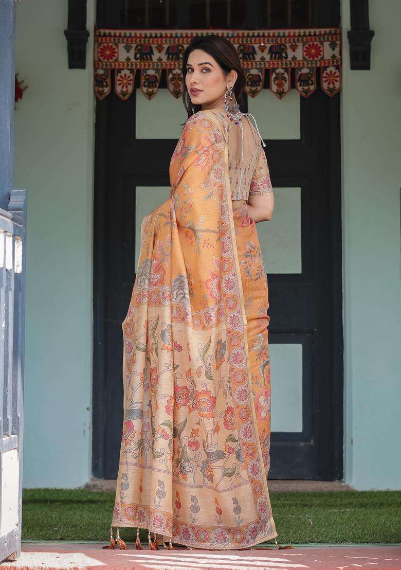 Musterd And Orange Handloom Saree Set with Printed for Diwali | Wedding & Festive Wear - Indya
