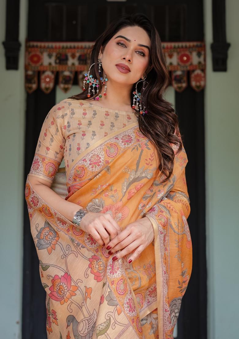 Musterd And Orange Printed Handloom Saree Set - Indya