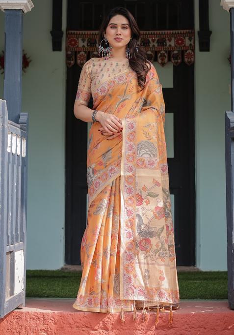 Musterd And Orange Printed Handloom Saree Set