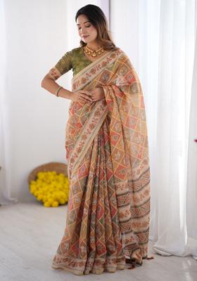 Rust Orange Printed Handloom Saree Set