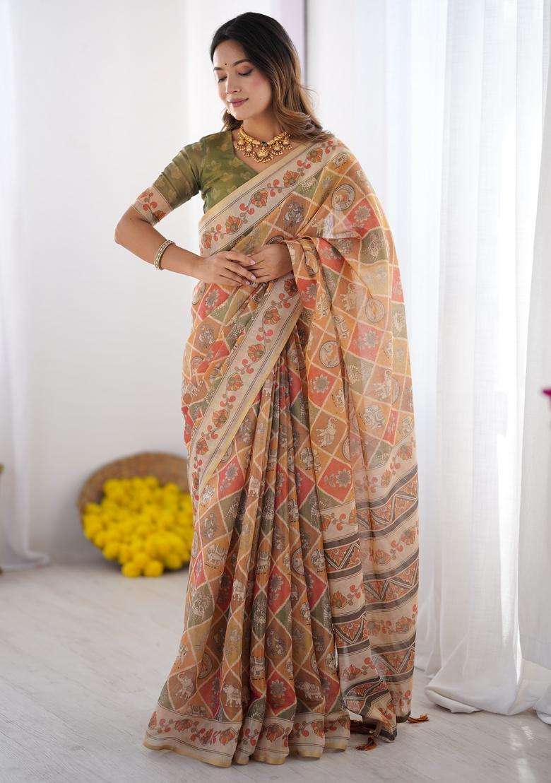 Rust Orange Printed Handloom Saree Set for Diwali and Festive Wear - Indya