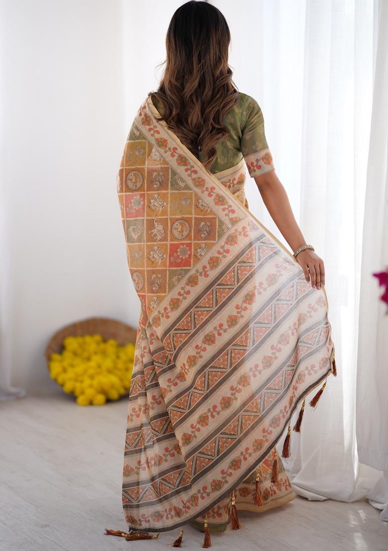Rust Orange Printed Handloom Saree Set - Indya