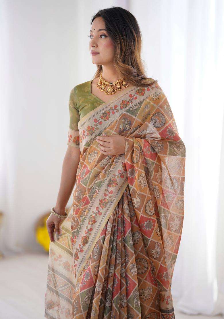 Rust Orange Printed Handloom Saree Set for Diwali and Festive Wear - Indya