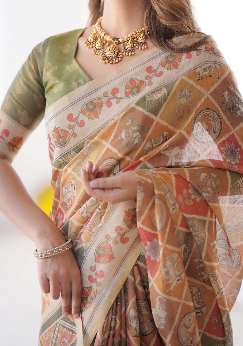 Rust Orange Printed Handloom Saree Set - Indya