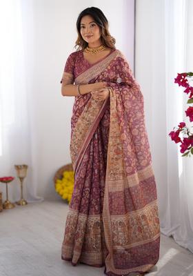 Wine Purple Printed Handloom Saree Set