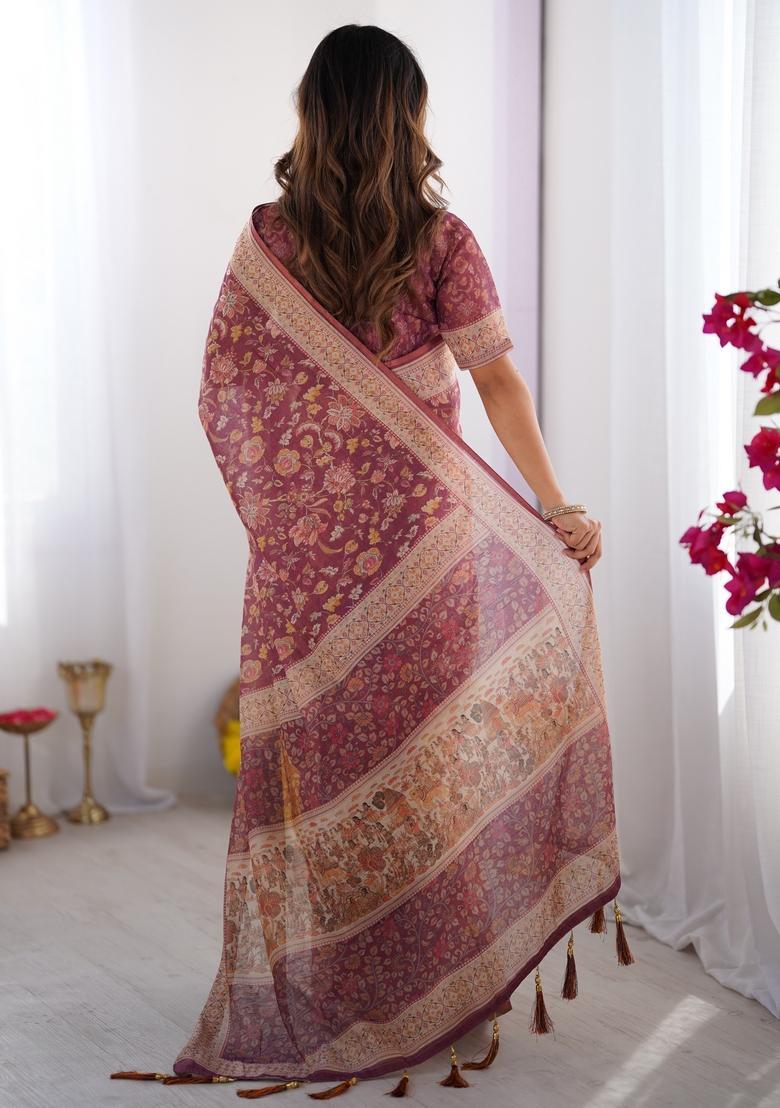 Wine Purple Printed Handloom Saree Set - Indya