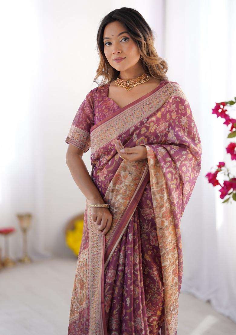 Wine Purple Printed Handloom Saree Set for Diwali and Festive Wear - Indya