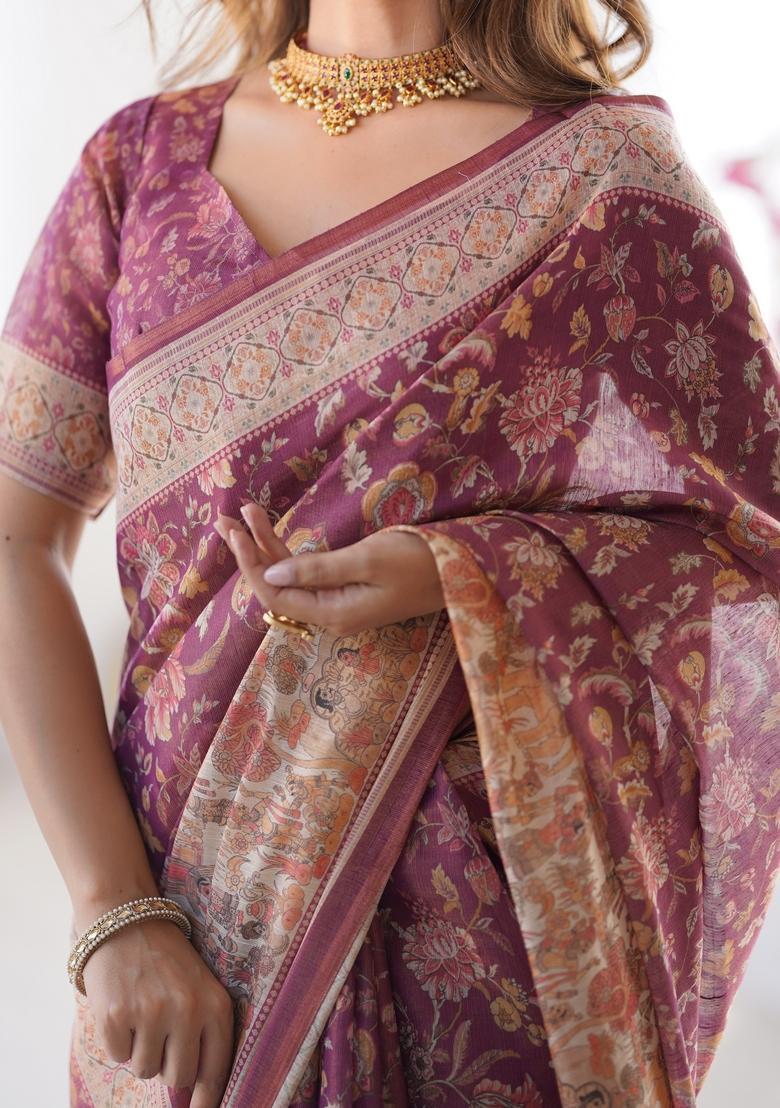 Wine Purple Printed Handloom Saree Set - Indya