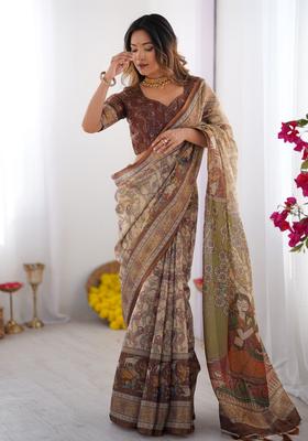 Beige Printed Handloom Saree Set