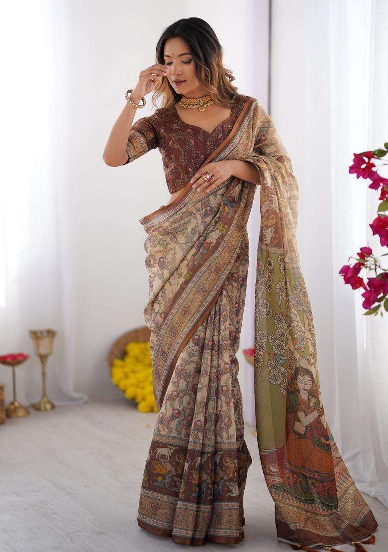 Beige Handloom Saree Set with Printed for Diwali | Wedding & Festive Wear - Indya
