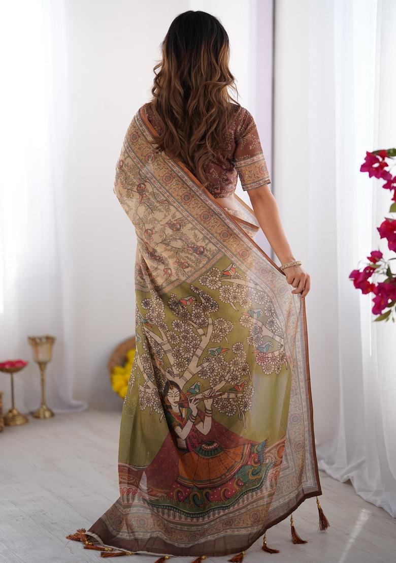 Beige Printed Handloom Saree Set - Indya