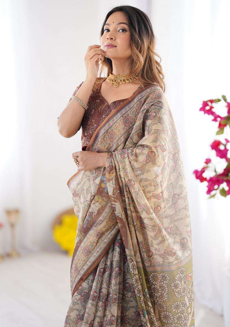 Beige Handloom Saree Set with Printed for Diwali | Wedding & Festive Wear - Indya