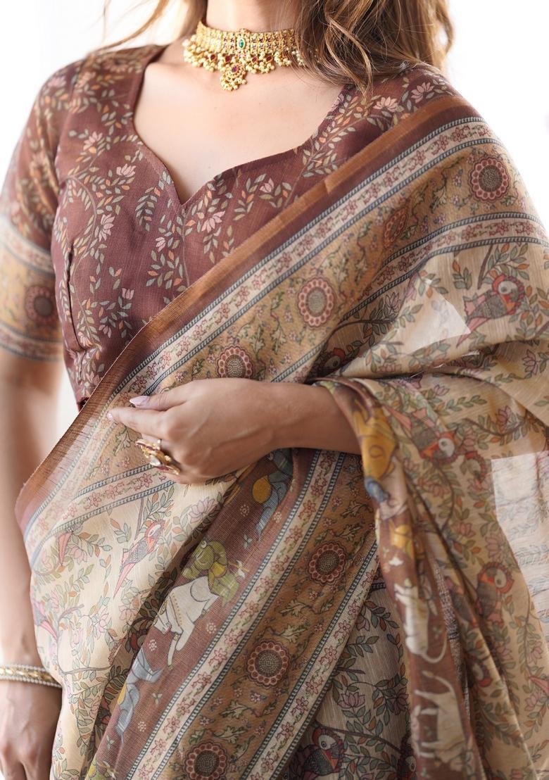 Beige Printed Handloom Saree Set - Indya