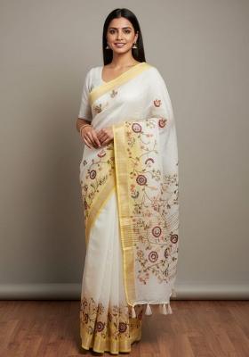 White Kantha Work Chanderi Saree Set