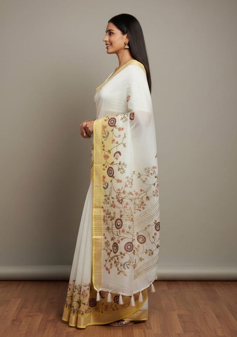 White Kantha Work Chanderi Saree Set - Indya