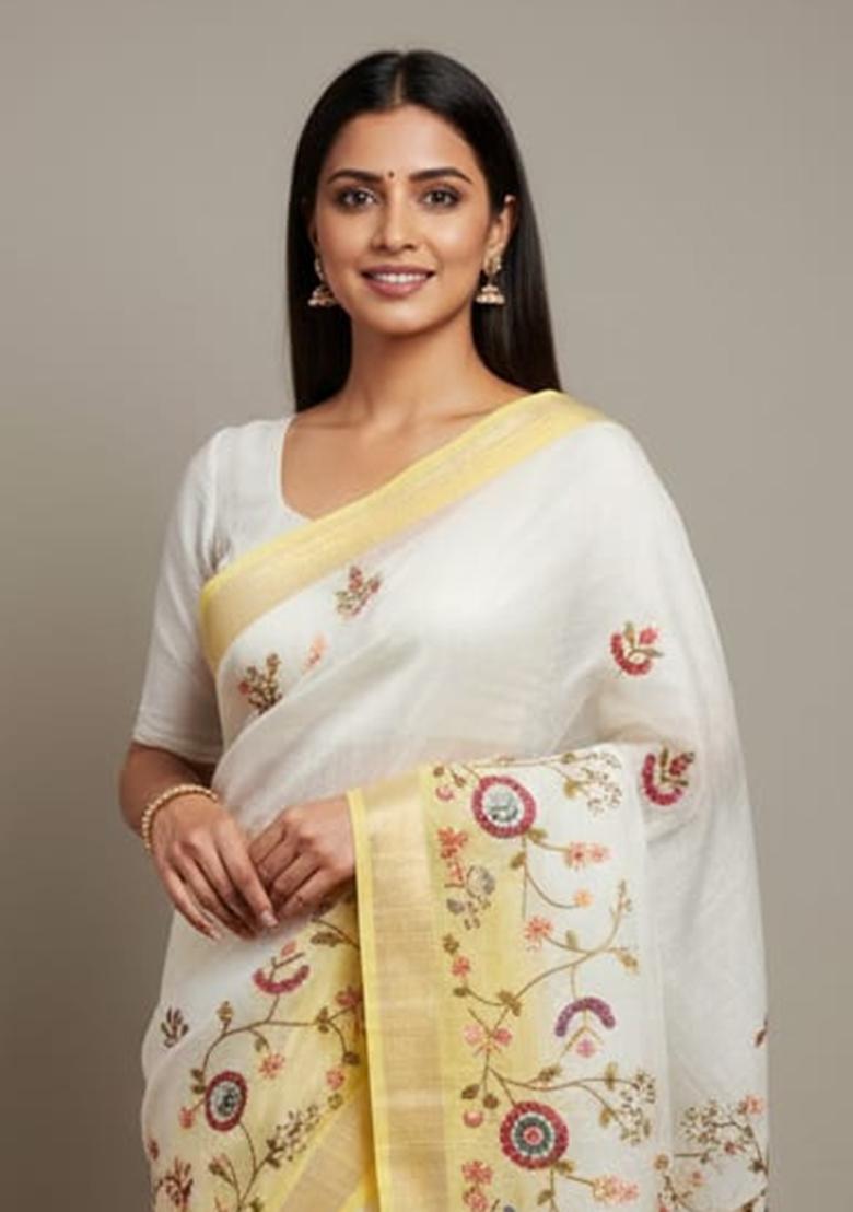 White Kantha Work Chanderi Saree Set - Indya