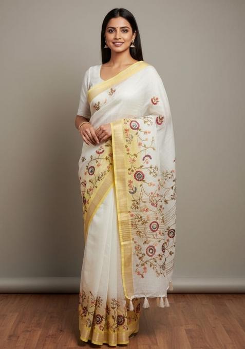 White Kantha Work Chanderi Saree Set