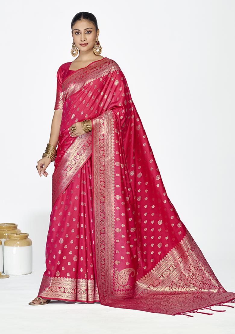 Rani Pink Weaving Work Silk Saree Set - Indya