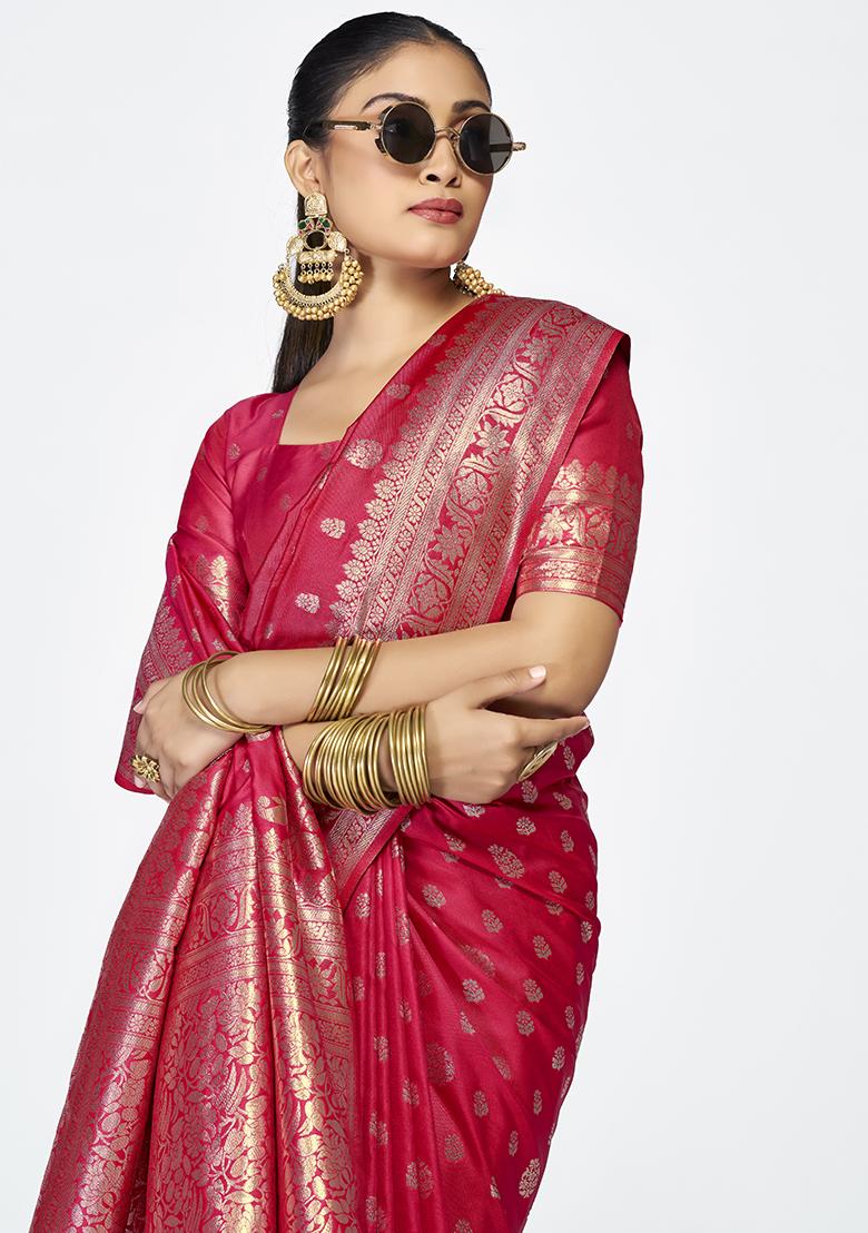 Rani Pink Weaving Work Silk Saree Set - Indya