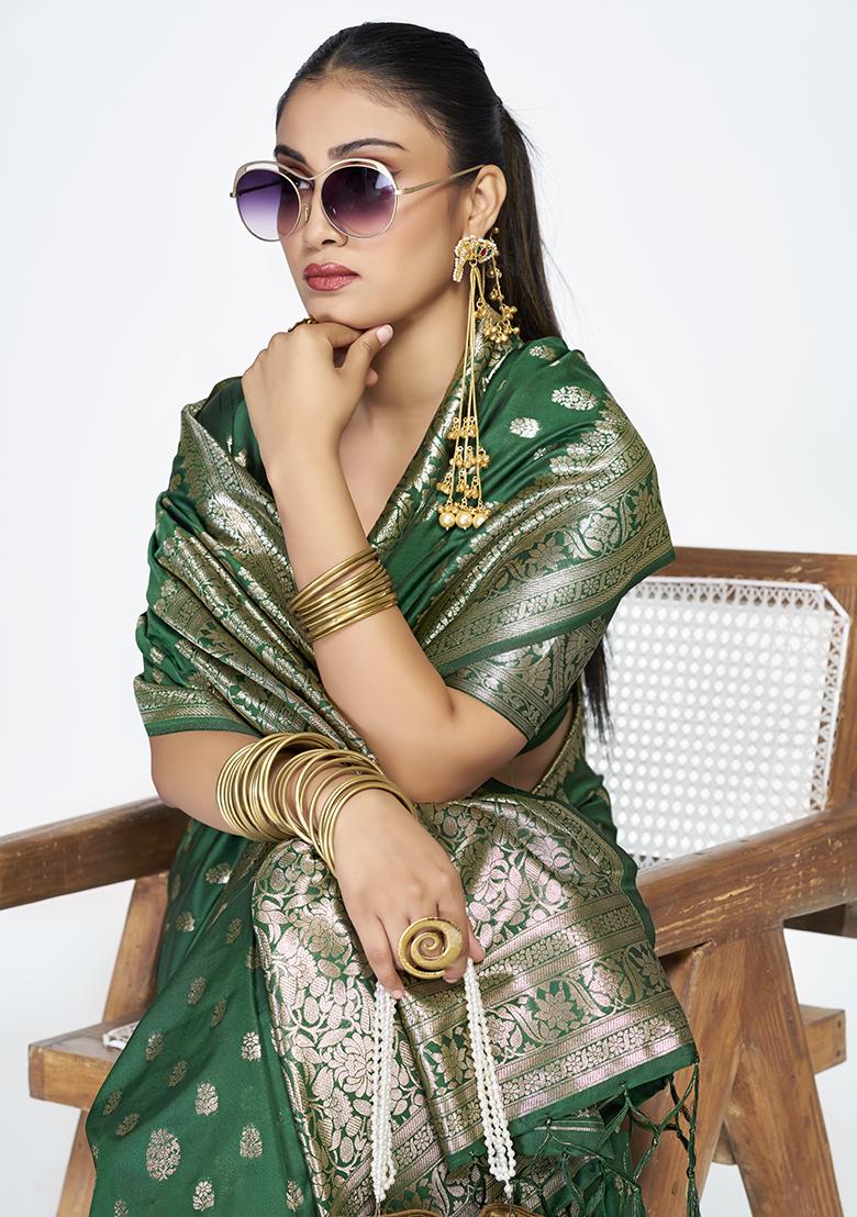 Green Weaving Work Silk Saree Set - Indya
