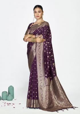 Wine Weaving Work Silk Saree Set