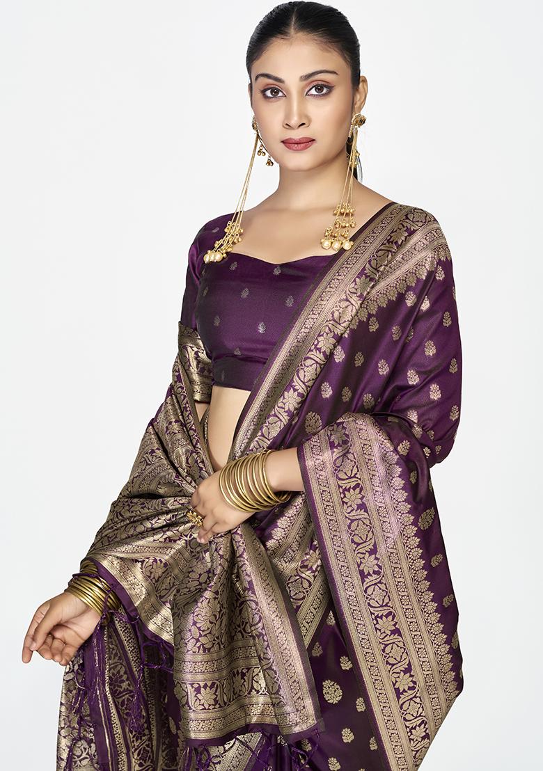 Wine Weaving Work Silk Saree Set - Indya