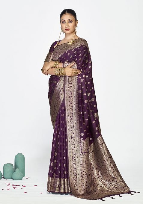 Wine Weaving Work Silk Saree Set
