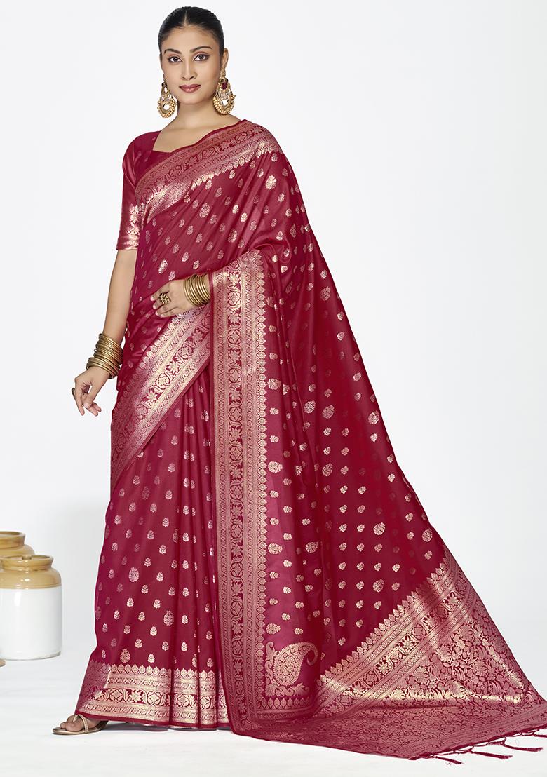Maroon Weaving Work Silk Saree Set - Indya