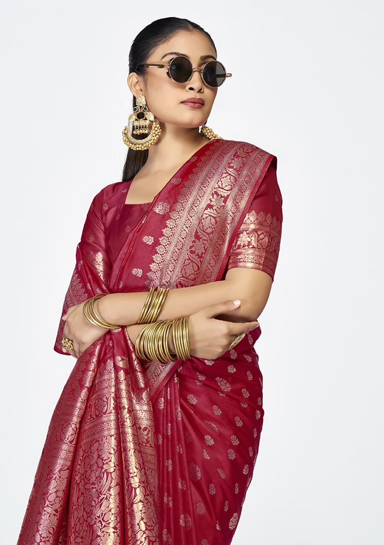 Maroon Weaving Work Silk Saree Set - Indya