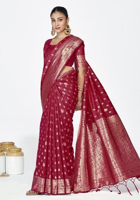 Maroon Weaving Work Silk Saree Set