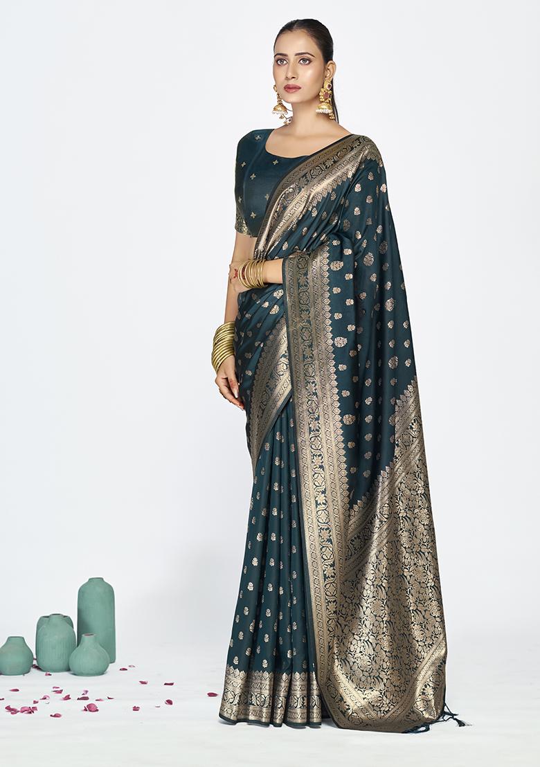 Navy Blue Weaving Work Silk Saree Set - Indya